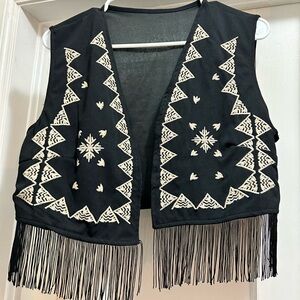 Black Fringe Vest with White Embroidery